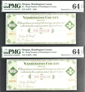 1933 $1 Depression Scrip - Trustees of Washington County, Oregon (Hillsboro) x 2 - Picture 1 of 5