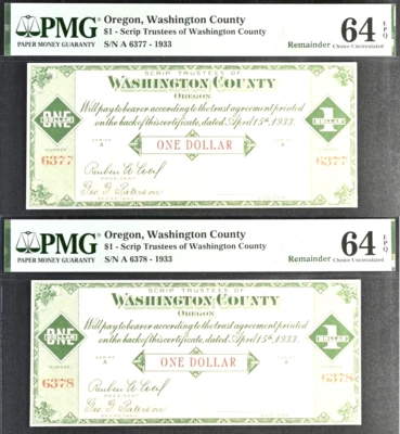 1933 $1 Depression Scrip - Trustees of Washington County, Oregon (Hillsboro) x 2 - Image 1 of 4