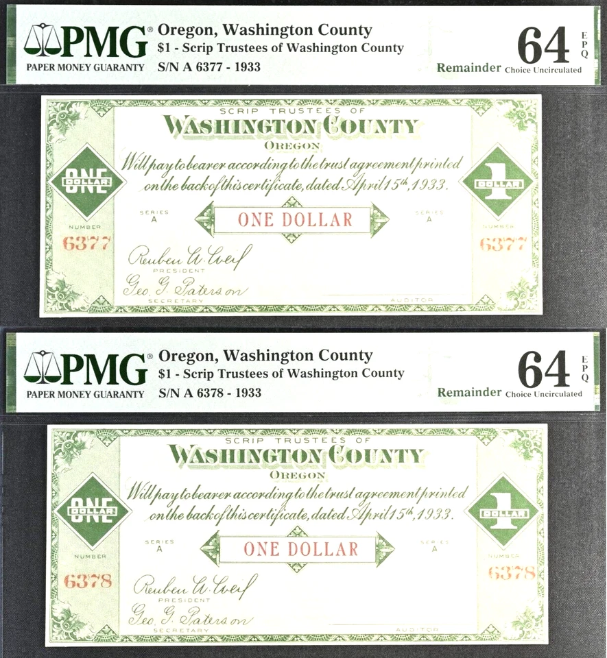 1933 $1 Depression Scrip - Trustees of Washington County, Oregon (Hillsboro) x 2 - Image 1 of 4
