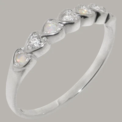 Solid 9ct White Gold Natural Diamond & Opal Womens Eternity Ring - Sizes J to Z - Image 1 of 4