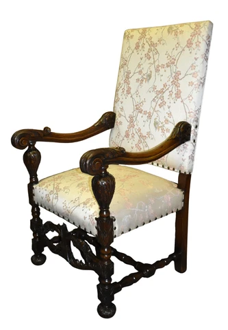 Vintage Carved Walnut French Style High Back Chair w/Cherry Blossom Fabric Cover