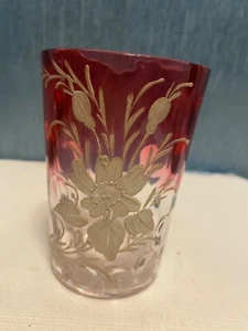 Atq Victorian Thumbprint Cranberry to clear Art Glass Painted Enamel Tumbler - Picture 1 of 6