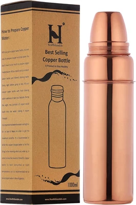 Pure Copper Water Bottle with Cup, 900 Ml, UNLINED, UNCOATED and LACQURED-FREE f