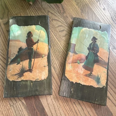 Conjunto de placas de madeira lacada quadro indígena nativo americano pendurado na parede arte - Imagem 1 de 4