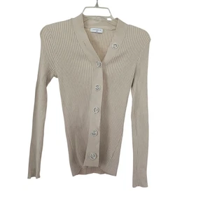 Sandro Cream Wool Blend Ribbed Knit Logo Button Front Cardigan Sweater Size 2 - Picture 1 of 11