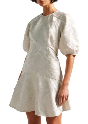 OFF WHITE ABITO DA COCKTAIL FLOREALE JACQUARD BIANCO SPORCO NUOVO CON ETICHETTE TED BAKER FIOCCO SCHIENA UK 16 TED 5