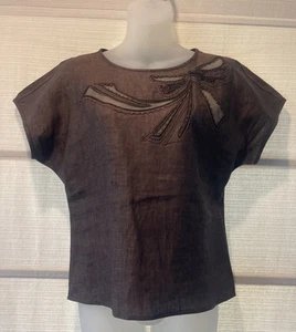Vintage Emanuel Ungaro schokobraun Leinen Perlen bestickt Netz Schleife Bluse ~ S ~ EU - Bild 1 von 7