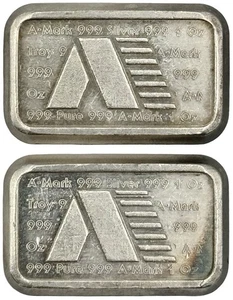 2 x Vintage A-MARK 1981 USVI 1 oz .999 Fine Silver Ingot Bars - Picture 1 of 4