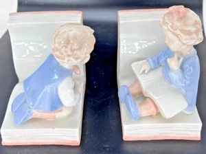 Porcelain Bookends Adorable blonde girl twins Blue dress Japan Vintage baby gift - Picture 1 of 8