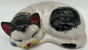 Enesco Sleeping Cat Bank~USED~Black & White Vintage  Ceramic Kitten~Taiwan Kitty - Picture 1 of 6
