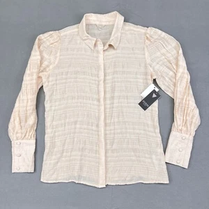 NWT GUESS Womens M Rav Crinkle Top Cocoa Cream Sheer Long Sleeves Blouse - Picture 1 of 11