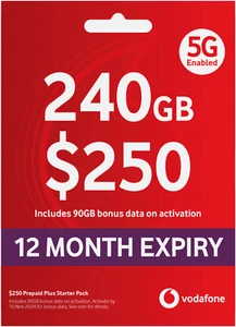 Vodafone $250 Prepaid SIM Card◉200GB Data◉Unlimited Calls◉Startup Pack◉12 months - Zdjęcie 1 z 3