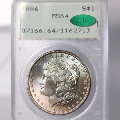 1886 Morgan $1 PCGS CAC Certified MS64 Toned Obverse Green Label Rattler Cover