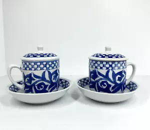 Williams Sonoma Becher Steeping Tee Kaffeetasse & Untertasse blau französischer Deckel SET 2 - Bild 1 von 9