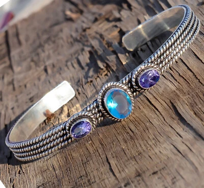Brazalete Ovalado Azul Topacio y Corte Amatista Brazalete Plata de Ley 925 Joyería de Navidad Foto 1 de 4