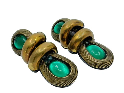 PENDIENTES FIRMADOS M J HANSEN '88 CRISTAL VERDE CLIP ~ 2.5" Foto 1 de 4