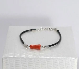 BRACCIALE ARGENTO 925 CON CORALLO ROSSO CUOIO NERO REGOLABILE AGRP 0134 - Foto 1 di 3