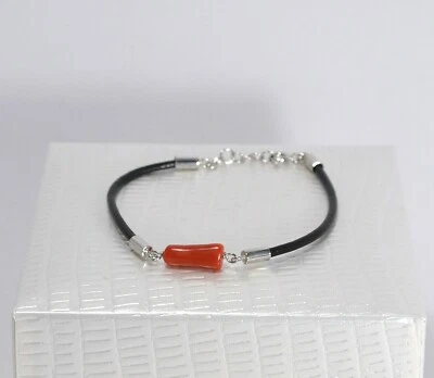 BRACCIALE  ARGENTO 925 CON CORALLO ROSSO CUOIO NERO REGOLABILE         AGRP 0134 - Immagine 1 di 3