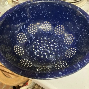 VTG Blue Speckled Enamel Wate Colander Strainer Sieve 10” - Picture 1 of 9