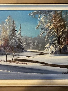 Letrero de artista paisajista de invierno pintura al óleo original vintage Lewis - Imagen 1 de 18