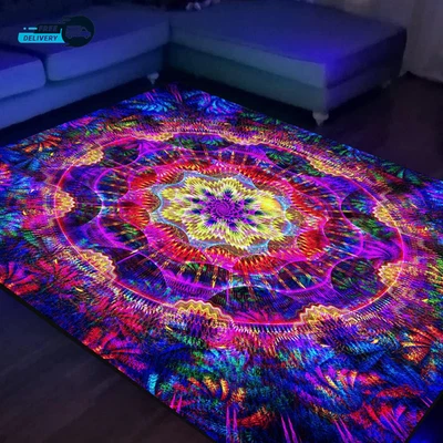 Alfombra Trippy Mandala Negra Luz, Grande UV Reactiva Brilla en la Oscuridad Boho Foto 1 de 4
