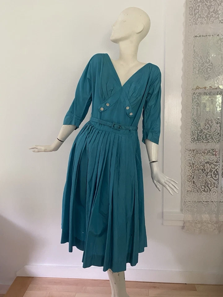 Vintage 40s 50s New Look Style Blue Satin Dress Distressed Rockabilly Femme Belt - Image 1 of 4