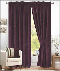 PAIR OF AUBERGINE PENCIL PLEAT - FULLY LINED JACQUARD SWIRL CURTAINS + TIE BACKS - Picture 1 of 1