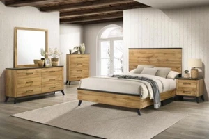 4 PC MID CENTURY MOD WEATHERED PINE KING BED NS DRESSER MIRROR FURNITURE SET - Picture 1 of 23