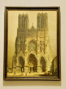 Vintage Antique Rheims Cathedral West Front Framed Print 17”x13”- NO FLAGS! - Picture 1 of 12