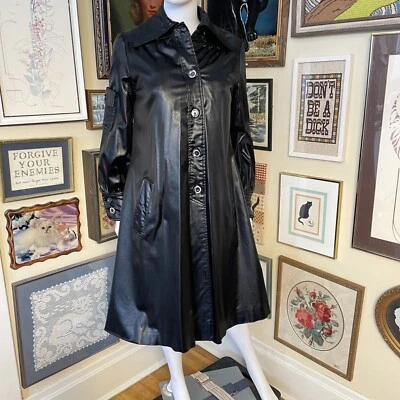 Gabardina vintage años 70 i.magnin para mujer negra aspecto húmedo cuello daga talla L Foto 1 de 4