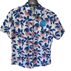 Neu mit Etikett Free Planet Herrenhemd Large rot weiß & blau amerikanische kurzärmlige Knöpfe - Bild 1 von 6