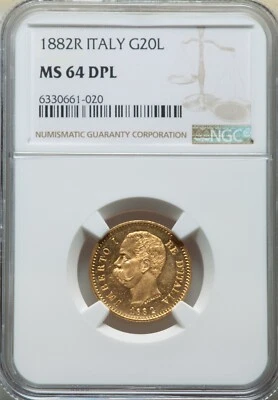 ITALY , GOLD 20 LIRE 1882 R NGC MS 64 DPL ,,, RARE8 - Image 1 of 2