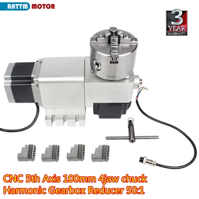 CNC 4th 5th Axis Rotary A+C Axis 100mm 4jaw chuck Harmonic Gearbox Reducer 50:1 - Image 1 of 4