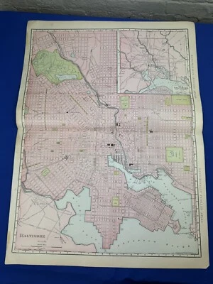 Mapa colorido 1906 BALTIMORE 28" x 20.5" Rand McNally, Johns Hopkins, Inner Harbor - Imagem 1 de 4