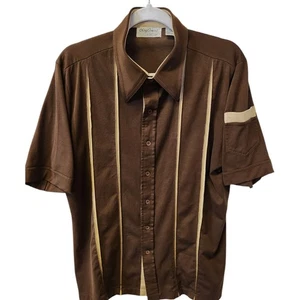 Retro Vintage Oleg Cassini Couture Camp Brown Tan Pleated Short Sleeve Shirt Med - Picture 1 of 6