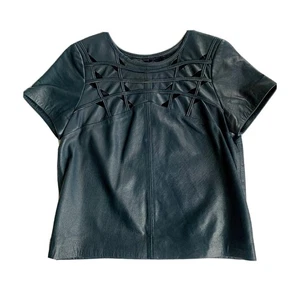 ASOS Leather Top Shirt S UK8 EU36 US4 Small Blue Navy Cutout Geometric - Picture 1 of 5