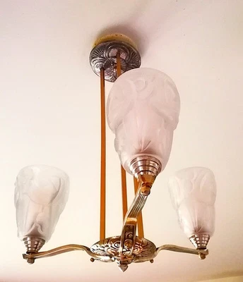 Lustre Art déco années 20-30 Degué - David Guéron - 3 feux. - Photo 1/4