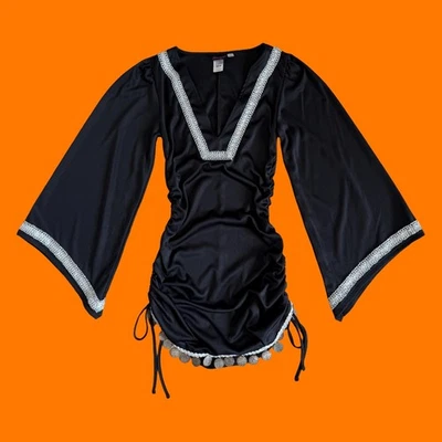 Mini Vestido Disfraz Años 00 Vintage Negro Manga Campana Boho Y2k PEQUEÑO Chica Sueña Foto 1 de 4