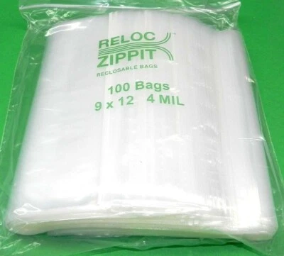 100 Reloc Zippit Bags 9x12 Clear 4mil Thick Reclosable 9"x 12" Poly Top Lock Bag - Image 1 of 4