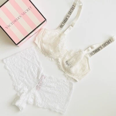 34C SMALL Victoria’s Secret white bling shine strap bra set lace shortie panties - Image 1 of 4