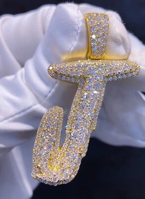 Colgante Moissanita Corte Redondo 1.84 Ct Para Hombre Personalizado Inicial Letra J Cadena Libre Foto 1 de 3