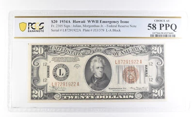 1934 A $20 Hawaii Silver Certificate WWII Fr#2305 Choice AU 58 PPQ PCGS *2465 - Image 1 of 3
