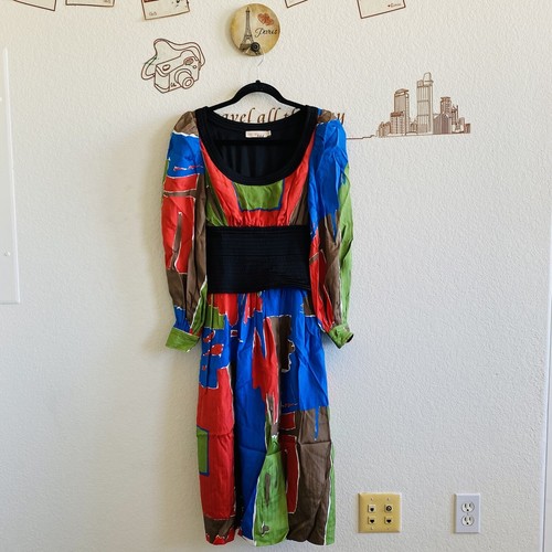 Abito midi Tory Burch color block manica lunga nero dettaglio corsetto girocollo 00