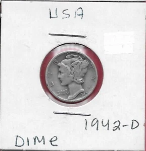 USA 10 CENTS MERCURY DIME 1942-D LAUREATE HEAD LEFT,DATE AT ANGLE BELOW NECK,VAL - Picture 1 of 2