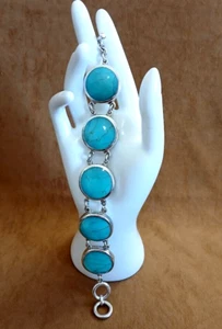 Sterling Silver and Turquoise 1" Cabochon Bracelet- 5 Cabs-64g - 7.5-8.5 Long - Picture 1 of 22