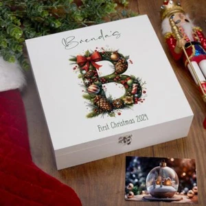 Personalised Wooden Christmas Family Baby Keepsake Memory Box With Decorations - Picture 1 of 3