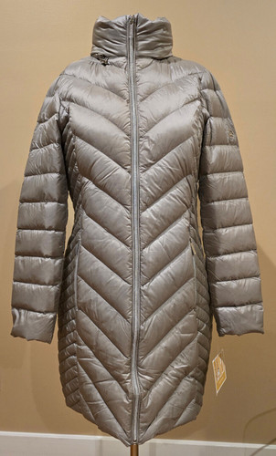 Piumino Michael Kors confezionabile nuovo con etichette taglia S Lt.Gray Puffer Longline Jacket ~cappuccio