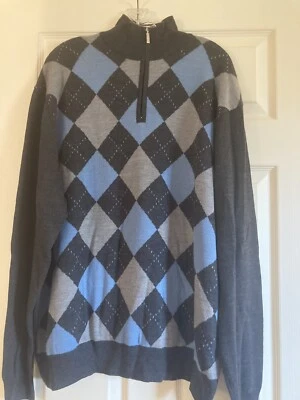 Toscano Blue/Gray Argyle L/S Sweater~1/4 zip~Merino/Acrylic~52 chest~29 long~XXL - Image 1 of 4