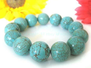 Huge Natural 12mm Blue Turquoise Round Gemstone Beads Elastic Bracelet 7.5'' AAA - Picture 1 of 12