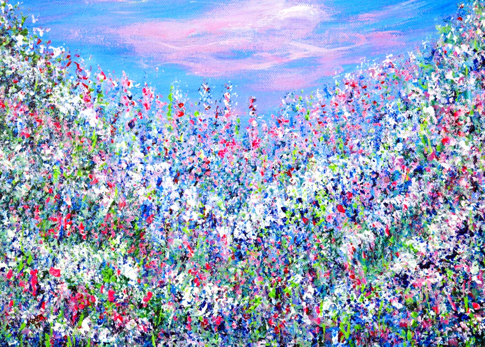 Lacy flower field aceo artist trading card print of original painting 2.5x3.5 - Image 1 of 1